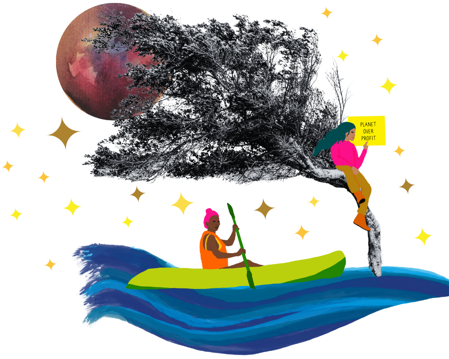 A woman sitting in a tree with a sign that reads "Planet Over Profit." A woman in a kayak rows beside her. A colourful moon sits behind the tree with stars all around.