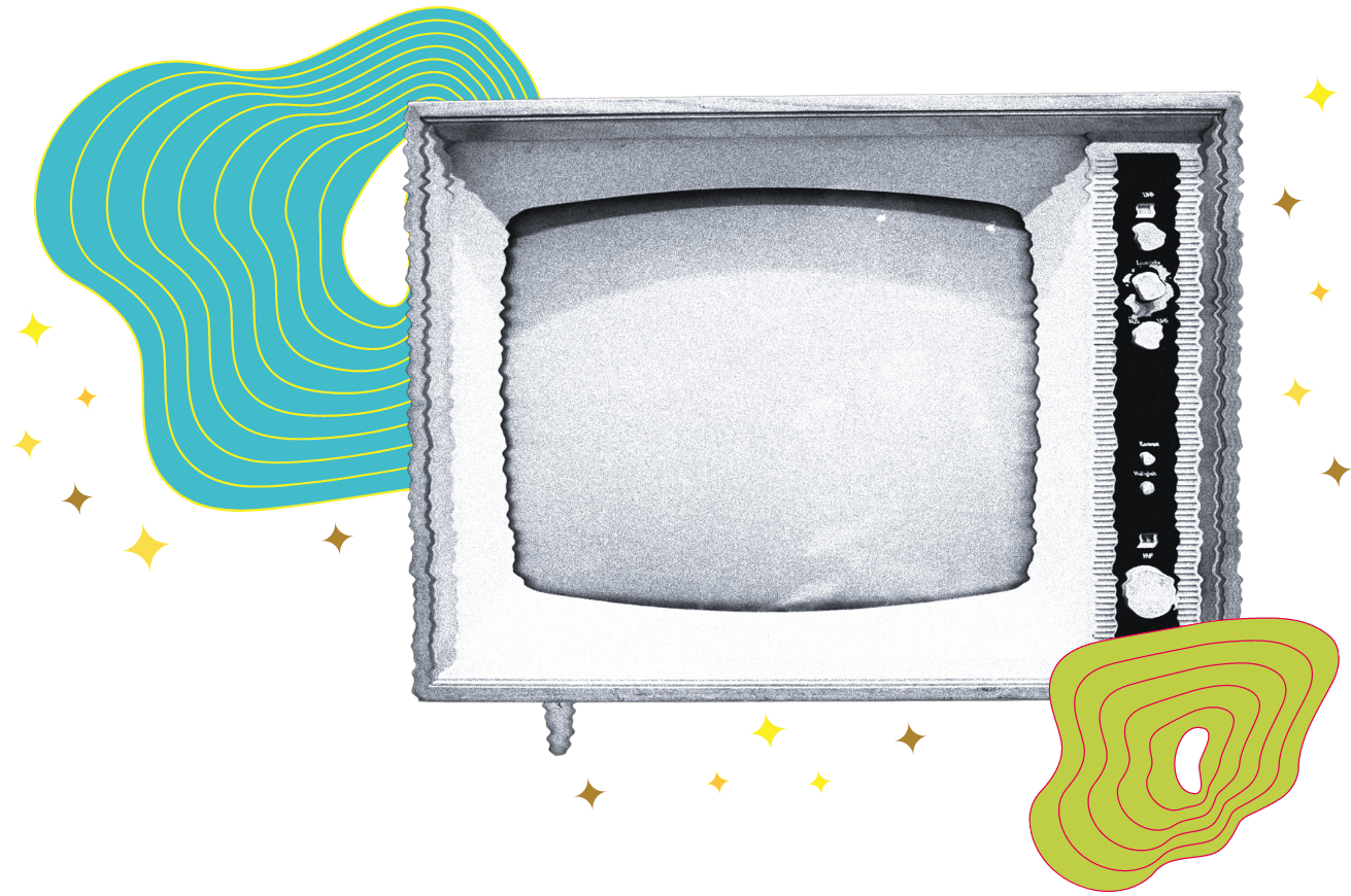 A warped retro black and white television, with a Feminist Economic Transformation video embedded on screen. There are stars and galaxies in the background, styled like a collage.