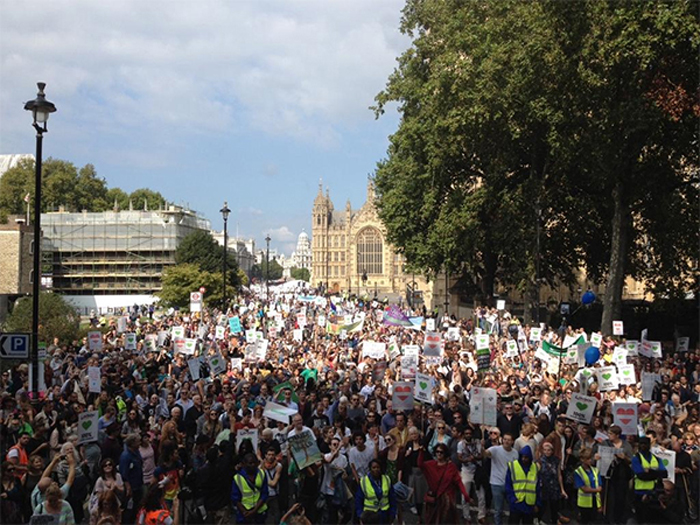In London, 40,000 people marched on Westminster, the home of the British Parliament.