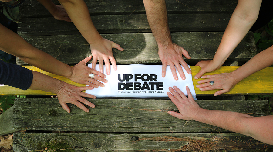 As part of the Up for Debate initiative during the 2015 federal election, Oxfam Canada's Staff created their own awareness campaign to encourage a political debate centered around women's issues. Photo Credit: Anne Toralles Leite