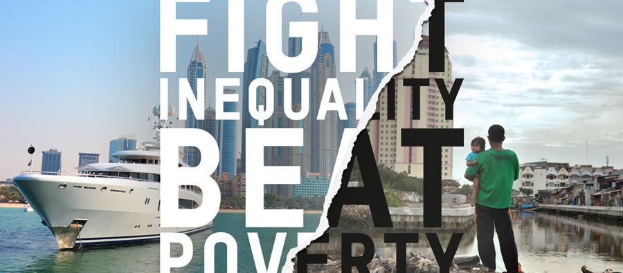 Side by side image of a boat and a community to showcase wealth and inequality.