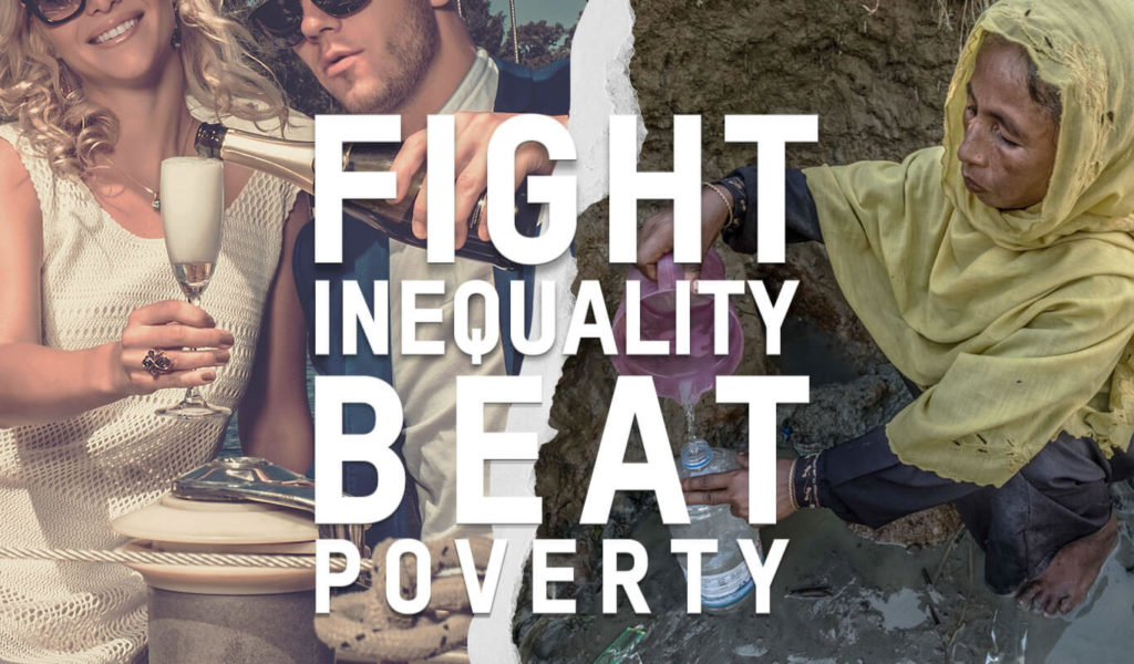 a woman and man pouring champagne contrasting with an image of a women fetching water from a river. Fight inequality, beat poverty.