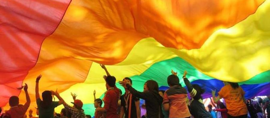 People celebrating under a large pride flag