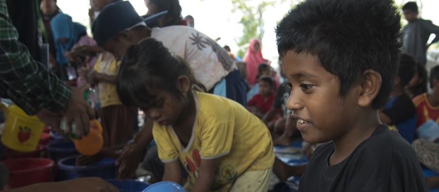 Palu, Indonesia: Children participate in a demonstration on good hygiene in the aftermath of the powerful earthquake and tsunami that struck Sulawesi on September 28, 2018.