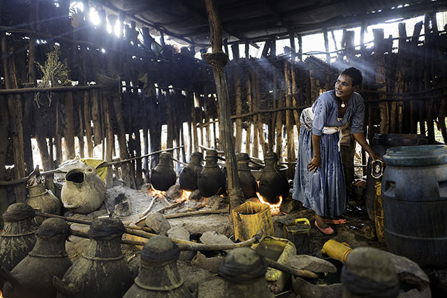 Alem indoors surrounded by honey containers