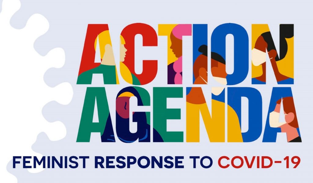 This graphic reads: Action Agenda: Feminist Response to COVID-19 and shows different people and faces wearing masks and not wearing masks.