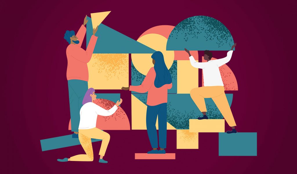 People working on puzzle of various geometric shapes. Teamwork concept. Flat vector illustration.