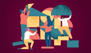 People working on puzzle of various geometric shapes. Teamwork concept. Flat vector illustration.