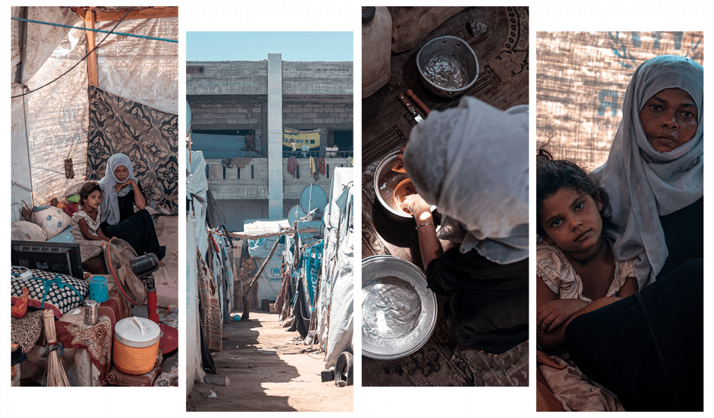 Collage of images of Hanan. Left to right. Woman in black dress, blue hijab and her daughter in white dress in beige tent with mattress, fan, pillow sitting on ground. Image of Ammar bin Yasser Internally Displaced People camp with makeshift tents and building behind. Woman sitting on floor washing dishes. Woman hugging daughter.