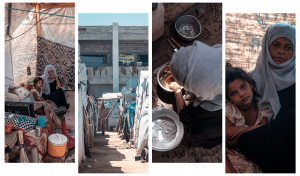Collage of images of Hanan. Left to right. Woman in black dress, blue hijab and her daughter in white dress in beige tent with mattress, fan, pillow sitting on ground. Image of Ammar bin Yasser Internally Displaced People camp with makeshift tents and building behind. Woman sitting on floor washing dishes. Woman hugging daughter.
