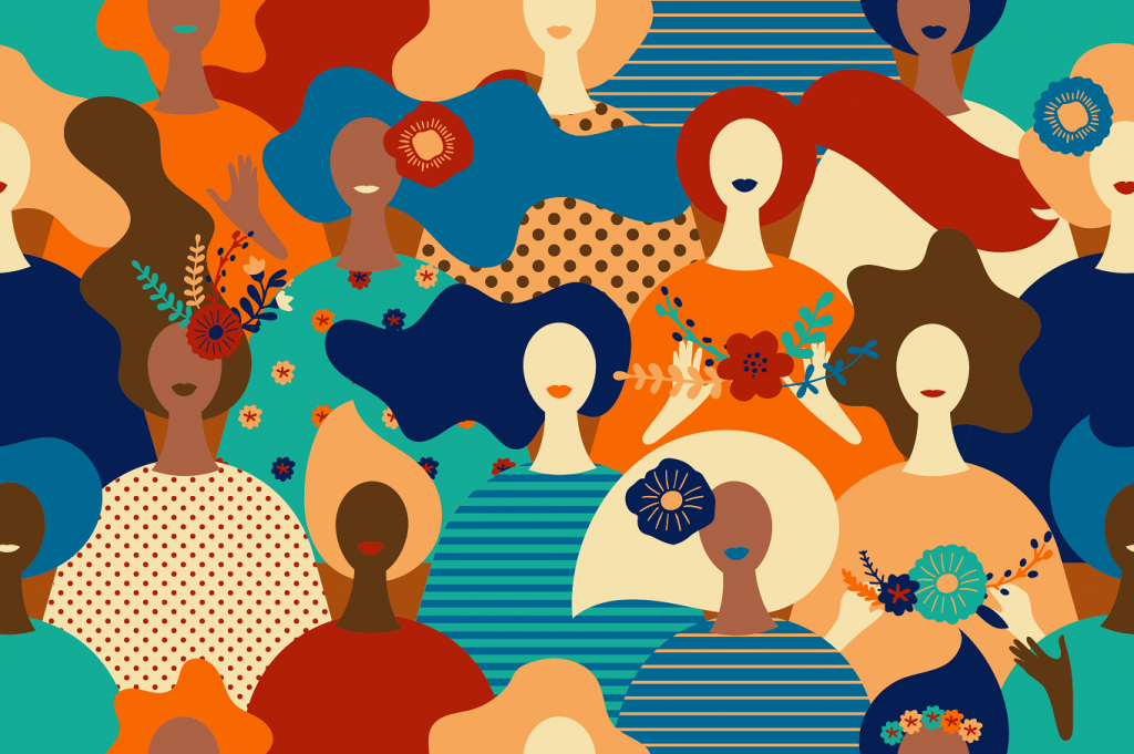 An illustration of many women of varying cultures and races.