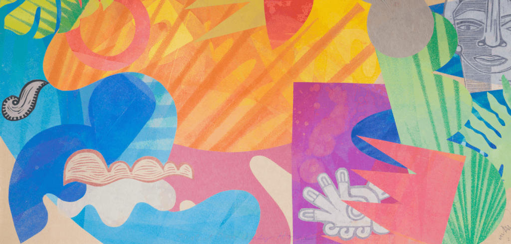 A multi-colour abstract collage of various shapes and textures