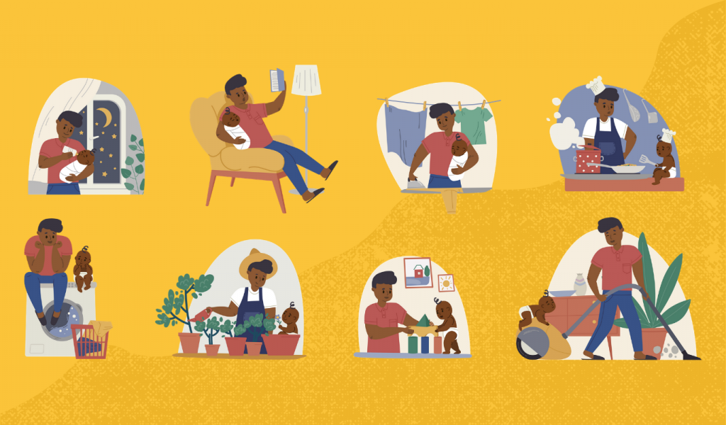 Clip art of eight photos. Top left: man feeding baby with bottle. Next: man reading book on yellow armchair with lamp in background holding baby. Next: Man holding baby while doing ironing yellow shirt with blue blanket and green shirt hanging on clothes line behind. Next: man cooking in front of pot and pan with baby in chef hat holding spatula to the right. Bottom Left: man sitting on washing machine with baby and red laundry basket at the bottom right with yellow shirt and blue blanket in it. Next: man watering flower pots next to baby. Next: Man playing with baby making tower with toy blocks. Two picture frames of bucket and sun behind. Next: man vaccuming with baby sitting on vacuum canister with plant and drawer in the background.