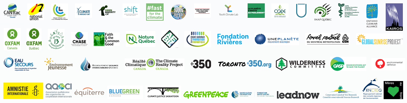 A grid of dozens of logos of human rights and environmental organizations who support this call to action on climate justice
