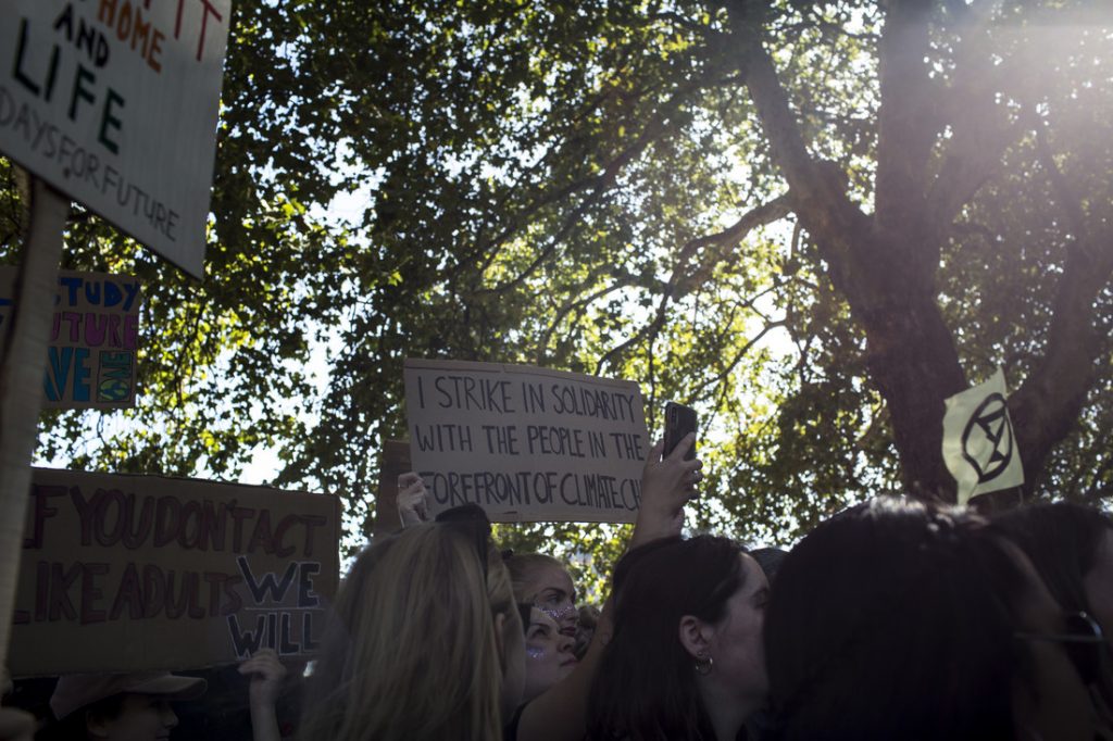 In London activists gathered in Westminster outside the Houses of Parliament to protest against climate change on Friday, September 20. There is a crowd standing in front of trees with a protest sign that says "I strike in solidarity with the people in the forefront of climate change".