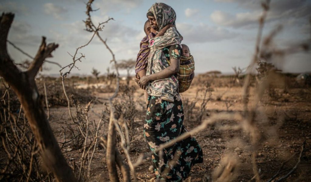 A dark-skinned woman wearing a colourful head scarf and a long floral dress holds a toddler on her front and carries a sleeping baby on her back. She's standing outside, looking to our left, surrounded by dry bushes and branches against a pale blue, cloudy sky.