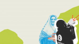 A colourful illustration including a black woman wearing an Oxfam vest and speaking into a megaphone with another woman who is wearing a white headscarf who is looking directly at the camera.