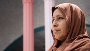 A woman wearing a brown head scarf and a nose ring stands beside a pink pillar and looks into the distance.
