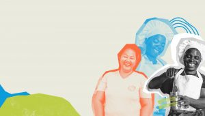A colourful illustration of three women, two women are wearing chefs hats and spooning peanut butter into jars and the other is smiling and looking at the camera.