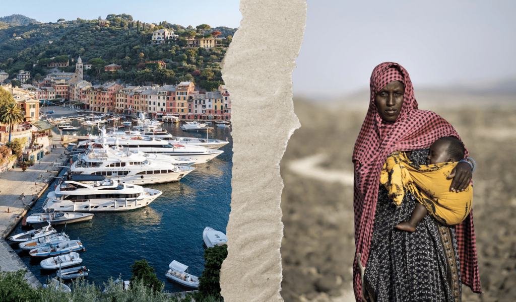 To our left is a picture of luxury super yachts parked in a marina of turquoise water against orange and yellow old buildings and hills of with trees and mansions. To our right is a portrait of a woman looking straight holding her sleeping baby against a desolate, desert background.