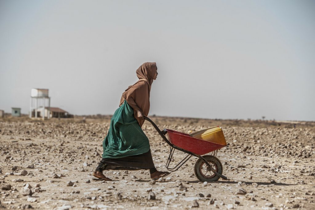 A young brown-skinned girl wearing a long, dark green skirt and a brown head scarf pushes a red wheelbarrow with a couple of yellow jerry cans across the desert. The landscape is dry and rocky, and the sky is cloudless and pale blue. In the left background of the image, there is a cluster of four small buildings.