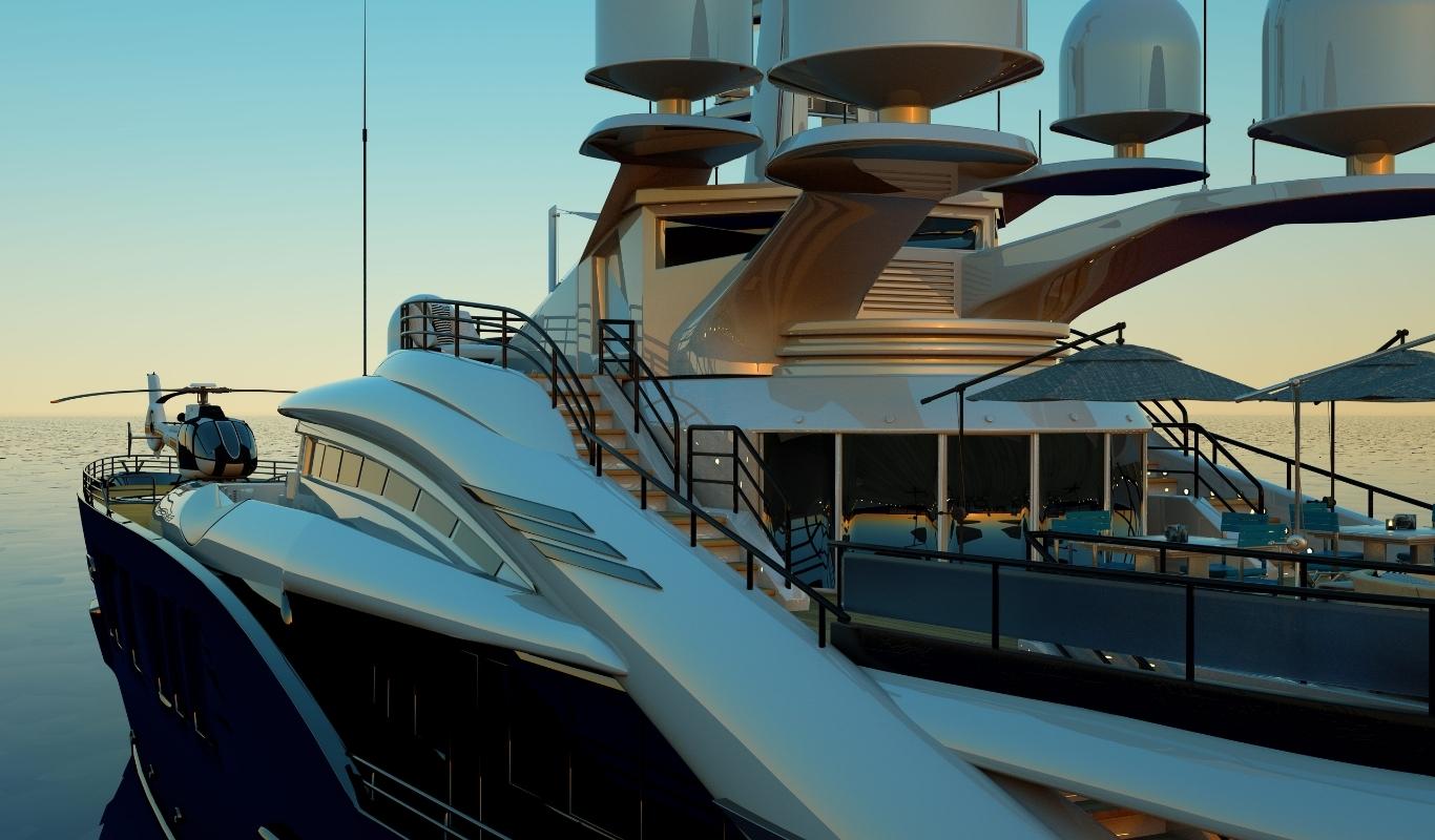 A shiny and highly modern luxury yacht with a helicopter parked on its deck floats on the water at sunset.