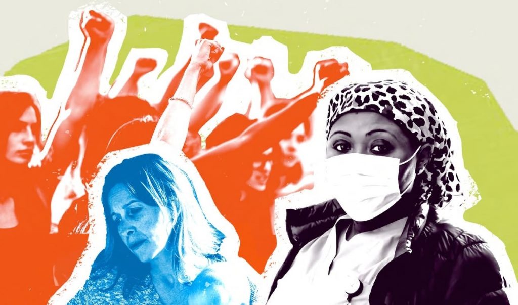 colourful collage that features women with raised fists, a woman sadly staring at the floor and a nurse wearing a face mask