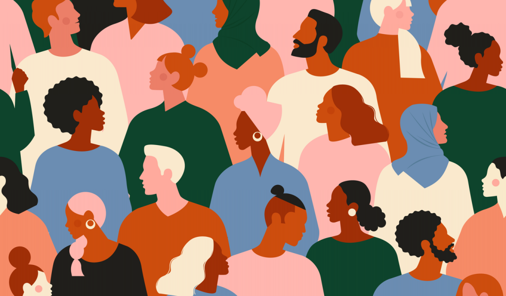 Graphic depicting a group of ethnically diverse people in pink, green, blue and white clothing, facing each other. The graphic features drawings of men and women from different backgrounds and religions as they showcase women wearing headscarfs, dreadlocks, piercings.