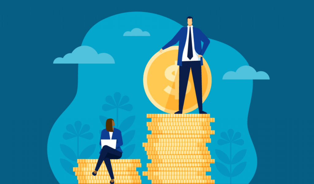 Graphic depicting two columns of coins. On our right side, the coin column is taller than the one on our left side. On top of the taller column stands a white man. On the lower coin column is a brown woman sitting down.