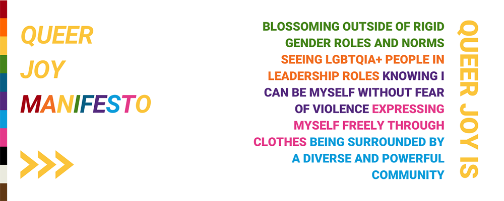 Text reads: Queer Joy Manifesto: Blossoming outside or rigid gender norms and roles. Seeing LGTBQI+ people in leadership roles. Knowing I can be myself without fear of violence. Expressing myself freely through my look and clothes. Being surrounded by a diverse and powerful community.