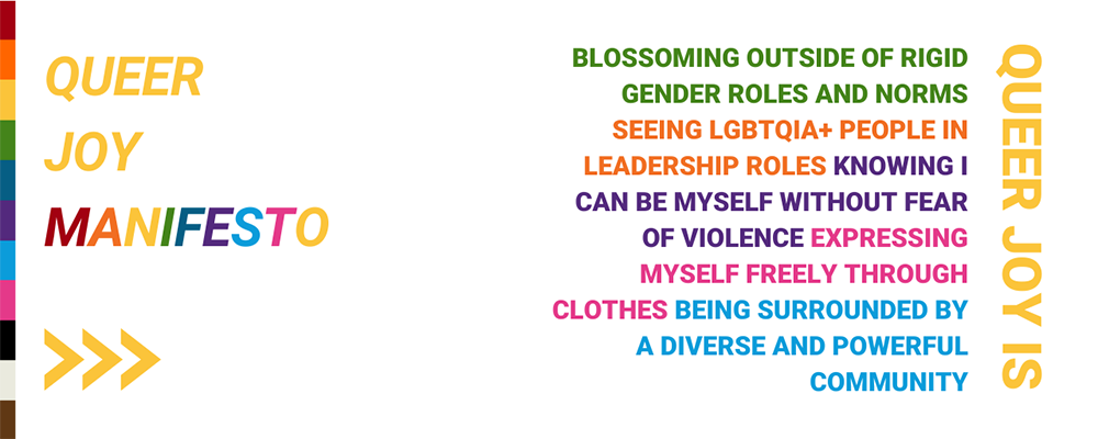 2queerjoy Text reads: Queer Joy Manifesto: Blossoming outside or rigid gender norms and roles. Seeing LGTBQI+ people in leadership roles. Knowing I can be myself without fear of violence. Expressing myself freely through my look and clothes. Being surrounded by a diverse and powerful community.