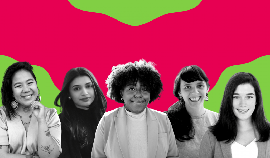 A collage composed of black-and-white headshots of five young women of varying skin tones is arranged against a background that is made up of swirls of bright pink and green.