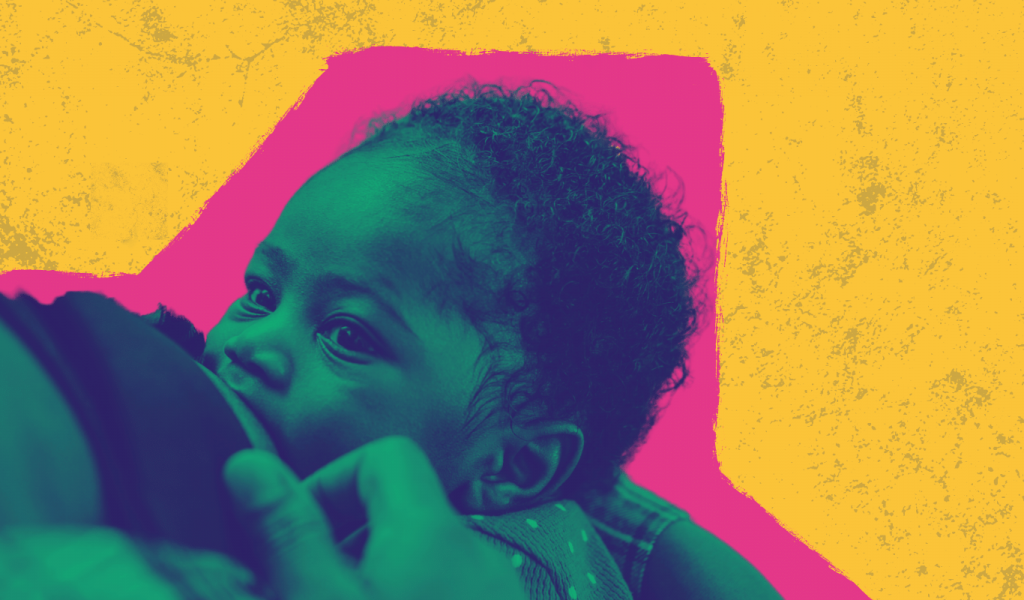 Close up of mother breastfeeding a months-old child. The baby is Black and while breasfeeding, his eyes are wide open, looking at his mother. The background is a bright yellow with a fiuscha colour contour around the image creating a collage-like effect.