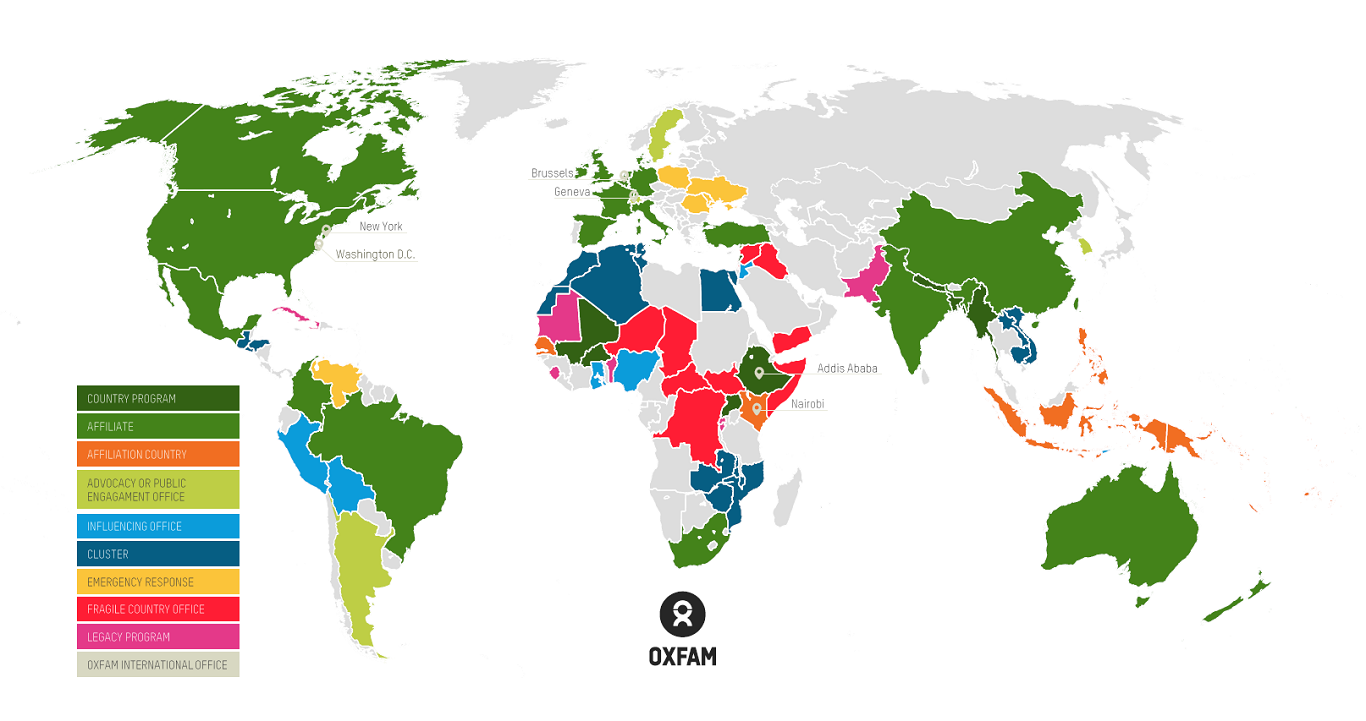 This map of the world shows the 87 countries that the international Oxfam Confederation works in. At the left of the image, there is a legend that shows a colour-coded system that indicates the type of presence Oxfam has in which country.