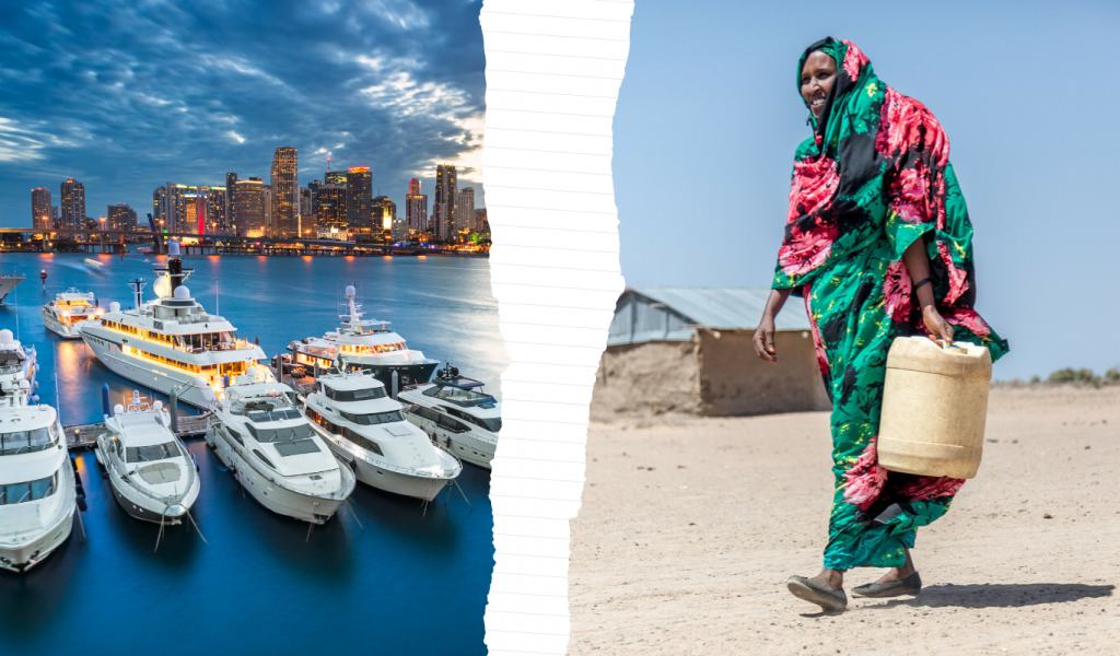 Super rich yachts and a woman carrying a bucket in drought in Kenya