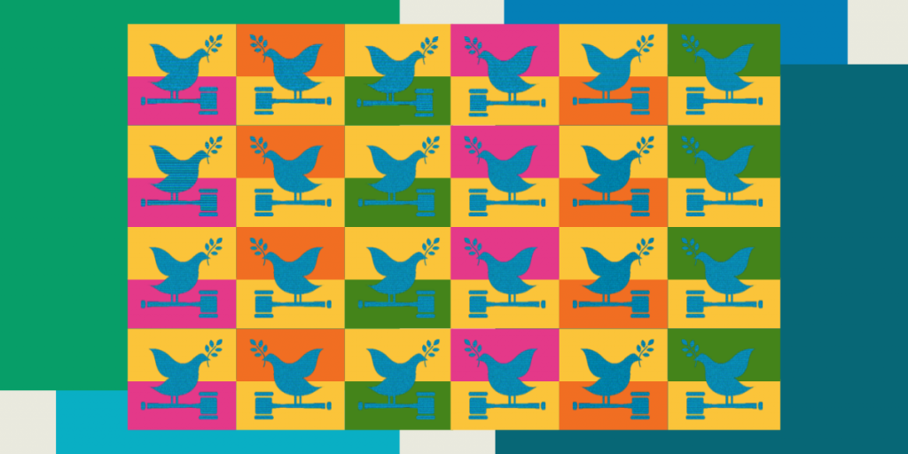 Pattern background of the logo of sustainable development goal number 16 composed of a dove holding an olive branch in its peak while standing on a gravel.