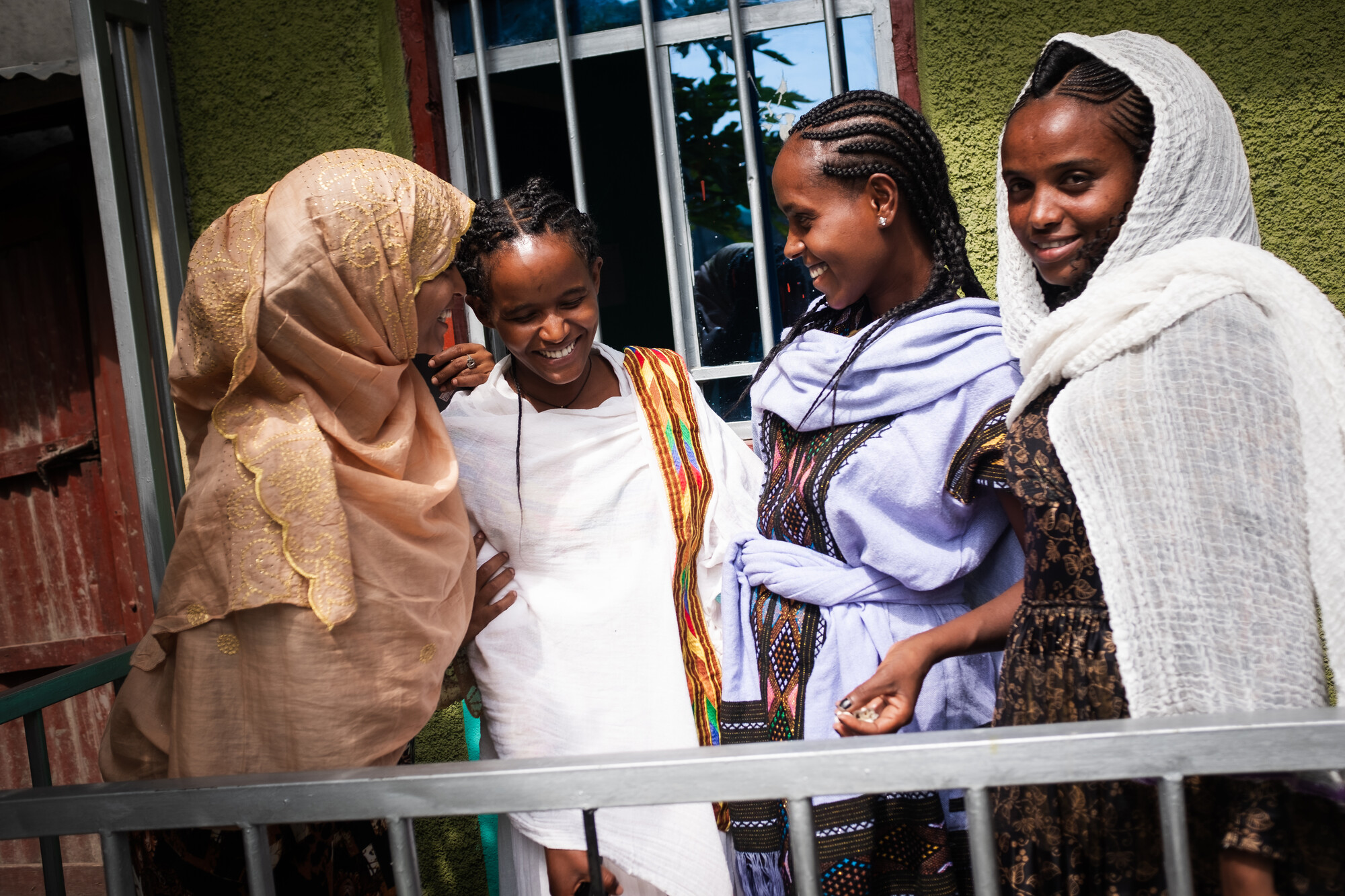 (L to R) Habiba, Meseret, Samrawit and Lemelem volunteer their time with WE-Action to lead weekly women’s discussion groups focusing on trauma caused by the recent conflict in the region. Photo: Caroline Leal/OXFAM