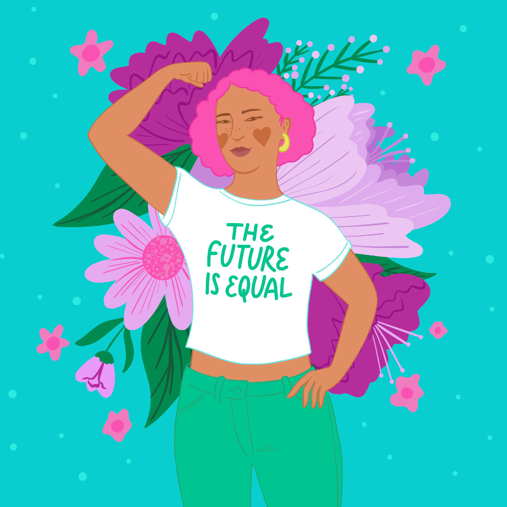 An illustration of a woman wearing a shirt that reads ‘The Future Is Equal’ raising her arm, flexing her bicep.