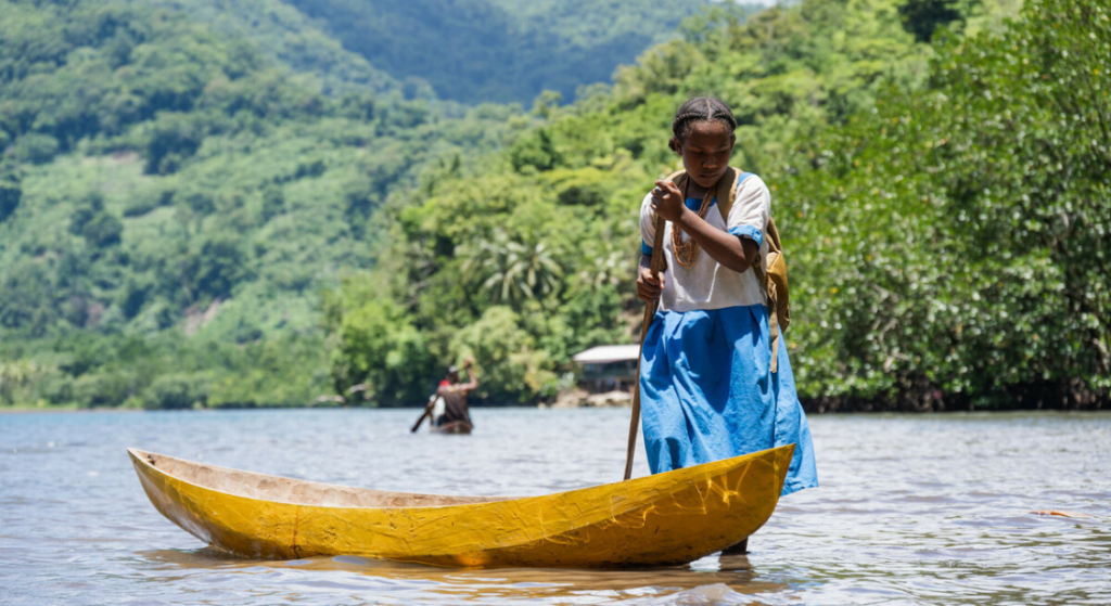 A young Black girl wearing a white and blue uniform is in a body of water surrounded by mountains, standing next to her yellow canoe.