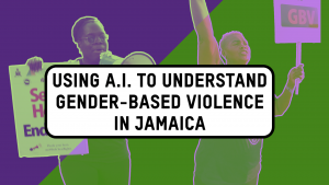 Green and purple collage depicting two Black women holding protest signs against gender-based violence. At the front in black and white there's a phrase that reads, "Using AI to understand gender-based violence in Jamaica."