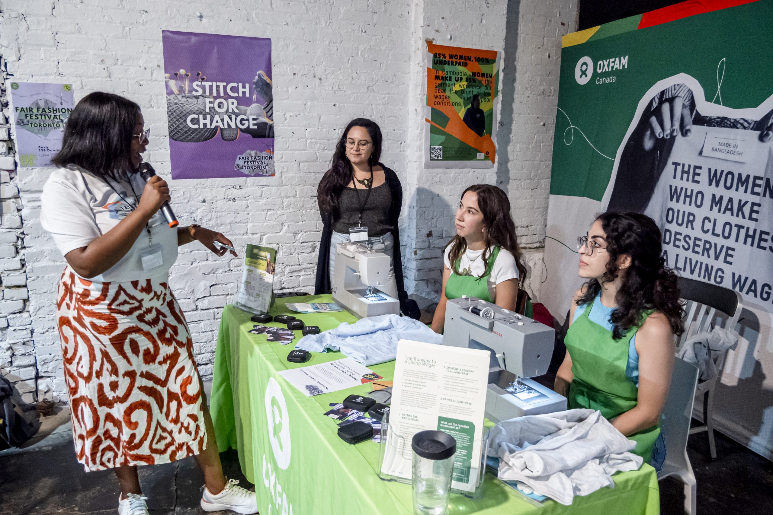 2024_Oxfam_TorontoFairFashionEvent-100 Oxfam Canada campaigner Mwangala Matakala, left, hosts the Stitch For Change challenge. Photo: Evelyn Bray/Oxfam