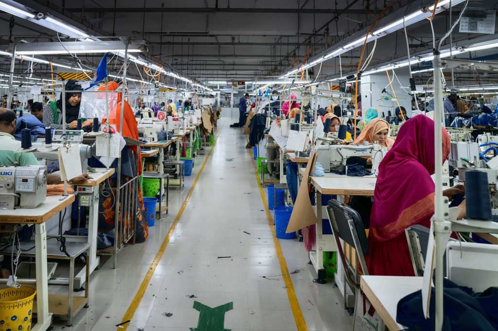 Women making clothes inside a garment factory in Bangladesh.