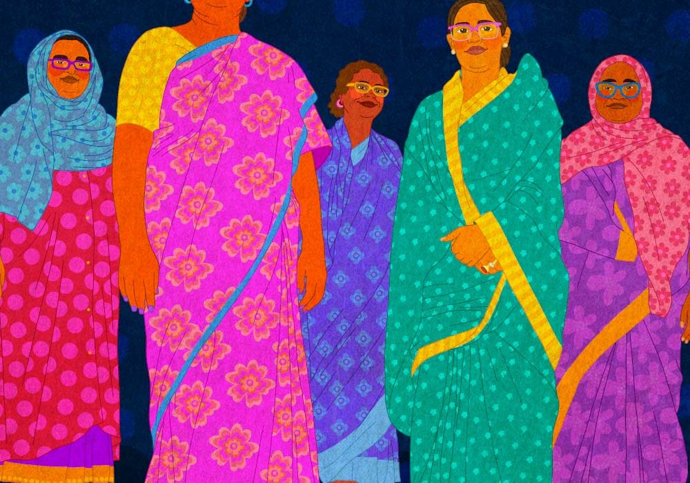 GenderJust_Impact2 An illustration of five women standing tall and confident in tone.