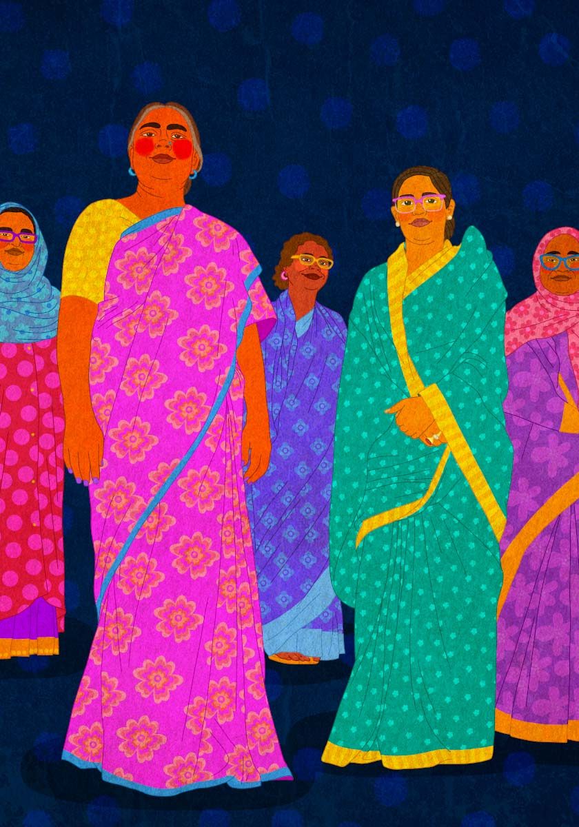 GenderJust_Impact2 An illustration of five women standing tall and confident in tone.