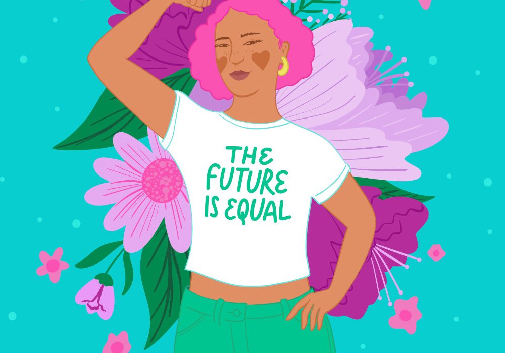 Landing_Slide_Hero2 An illustration of a woman wearing a shirt that reads ‘The Future Is Equal’ raising her arm, flexing her bicep.